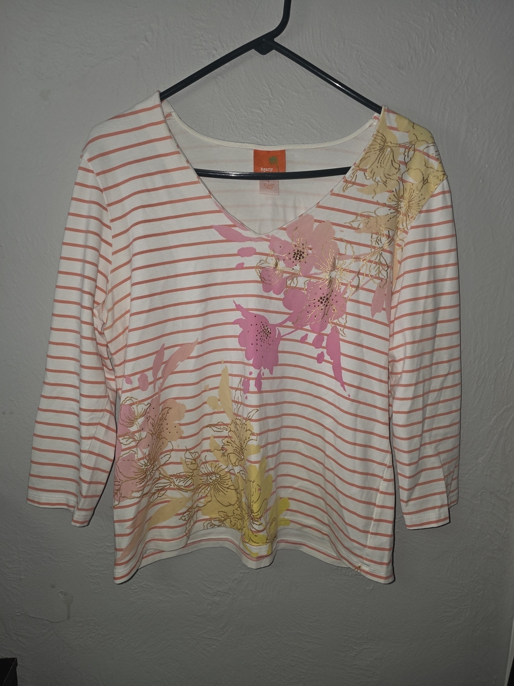 hearts of palm Pink & Yellow Striped Floral V-Neck Top